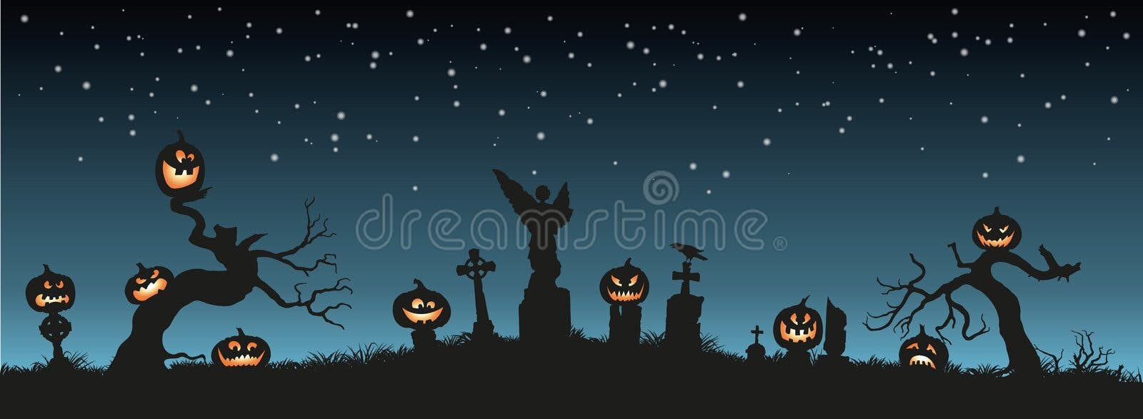 Cemetery at Night with Trees and Bats Stock Illustration - Illustration ...