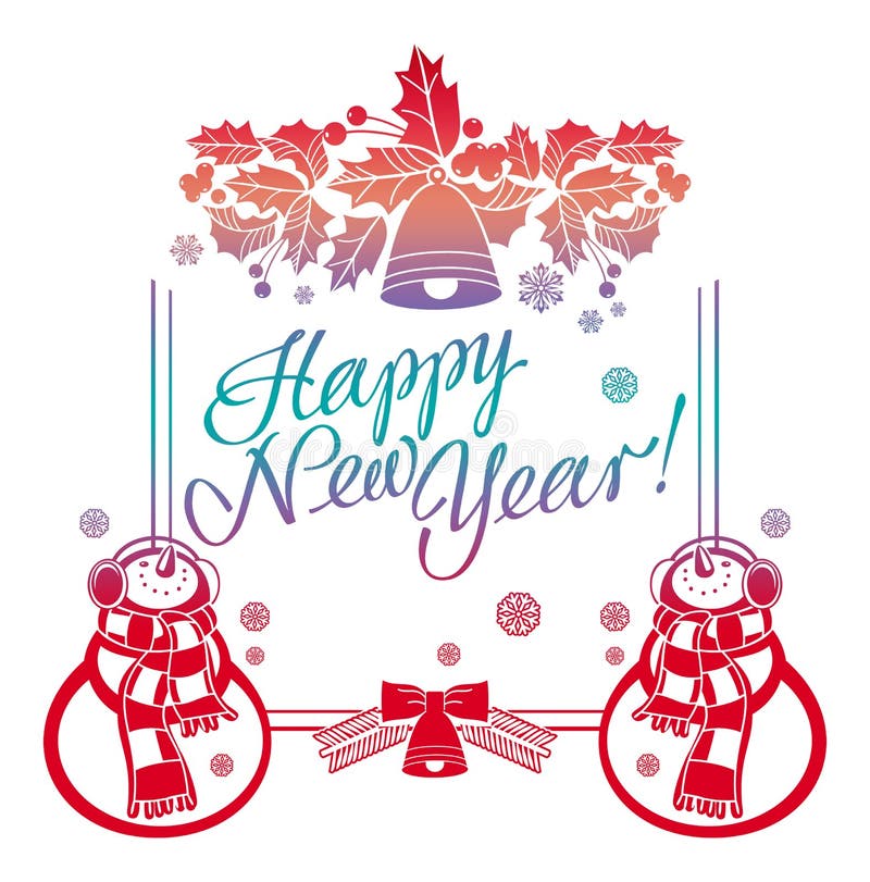 Holiday label with funny snowman and written greeting `Happy New Year!`. Raster clip art.