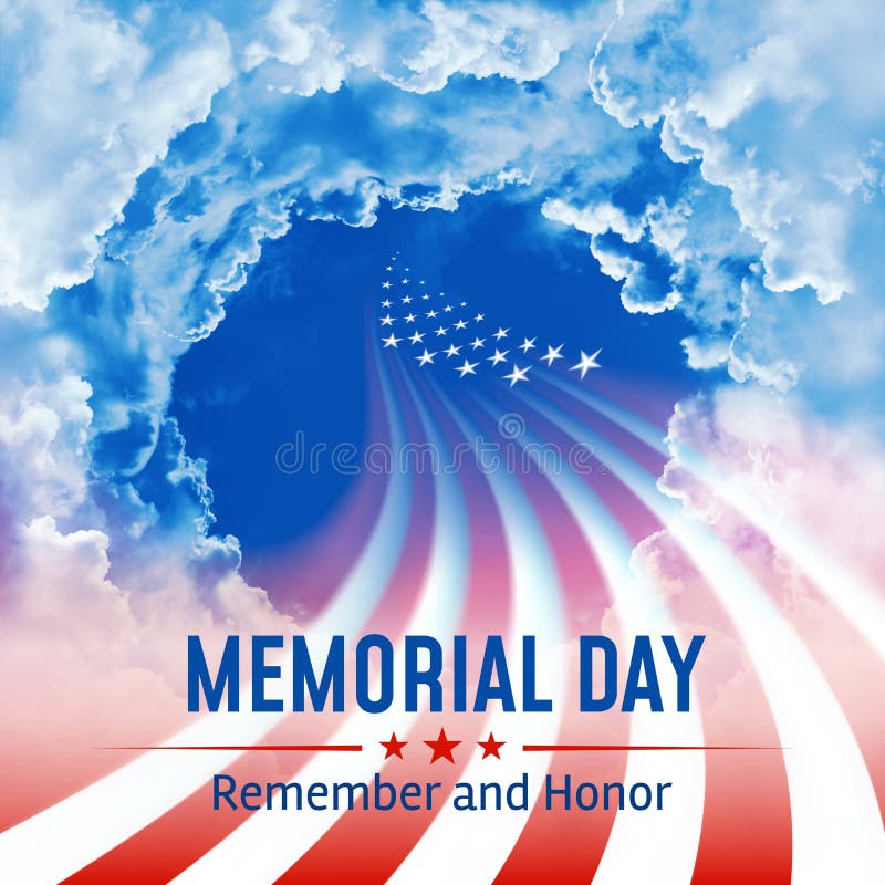 Holiday - Memorial Day in the USA. Lettering remember and honor. Abstract United States flag on a cloudy sky background. Memorial