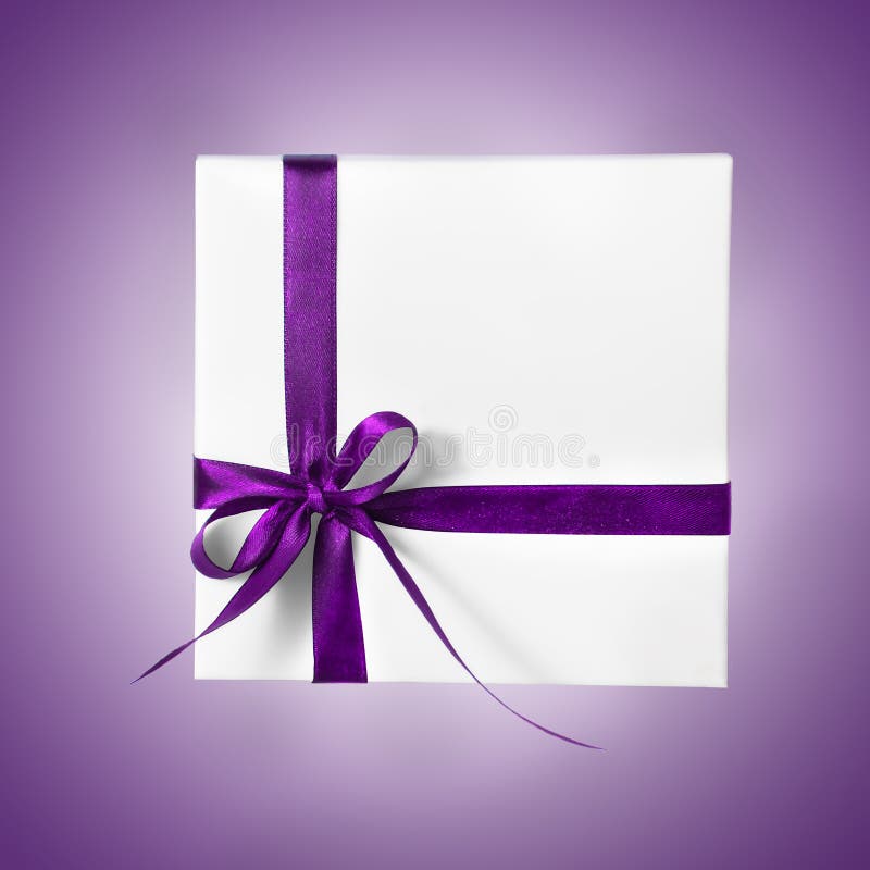 Holiday Present White Box with Purple Pink Ribbon on a Gradient