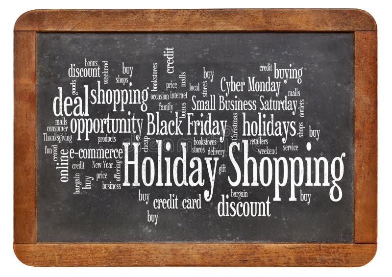 Consumerism concept - holiday shopping word cloud on a vintage slate blackboard isolated on white