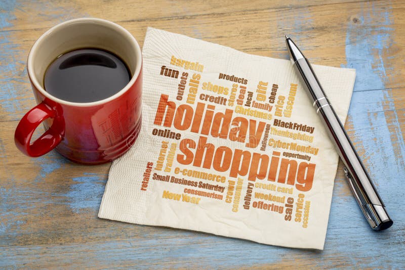 Holiday shopping word cloud on a napkin with a cup of coffee. Holiday shopping word cloud on a napkin with a cup of coffee