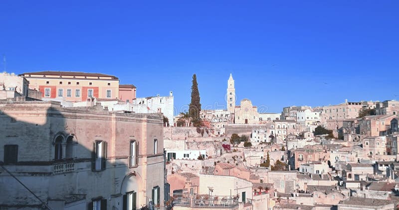 Holiday, summer, panorama of historic Matera stone, European Capital of Culture 2019, concept of cultural holidays and tourism in