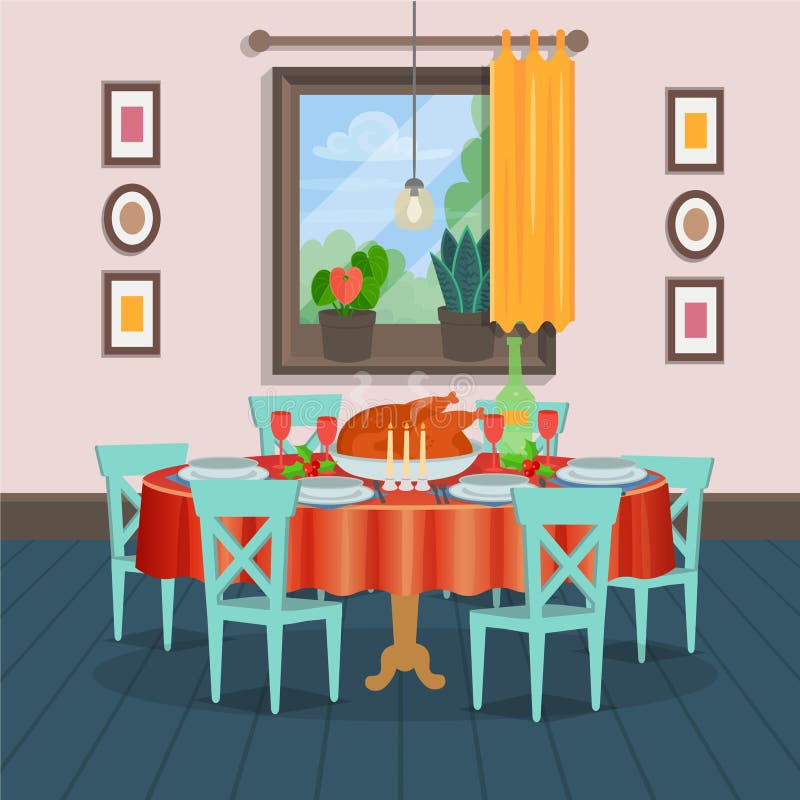 Holiday Table with Food and Window. Modern Cozy Dining Room Interior with Table with Chairs, Paintings, Window, Indoor Plants Stock Vector - Illustration of cartoon, giving: 226301669 Holiday Table with Food and Window. Modern Cozy Dining Room Interior with Table with Chairs, Paintings, Window, Indoor Plants Stock Vector - Illustration of cartoon, giving: 226301669
