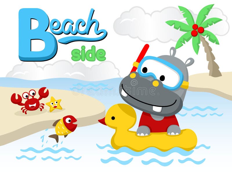 Funny hippo using scuba diving mask on duck swim ring with funny marine animals in the beach. Story time animals vectors