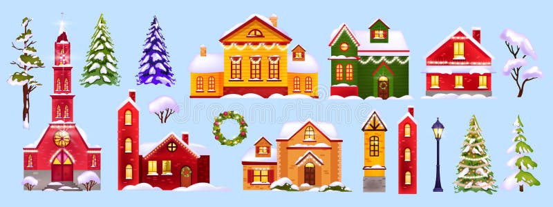 Christmas winter houses illustration collection with snow, village architecture, trees, street lamp.