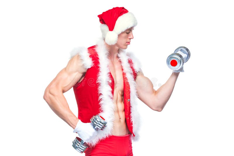 Holidays and celebrations, New year, Christmas, sports, bodybuilding, healthy lifestyle - Muscular handsome Santa Claus royalty free stock photos Holidays and celebrations, New year, Christmas, sports, bodybuilding, healthy lifestyle - Muscular handsome Santa Claus royalty free stock photos