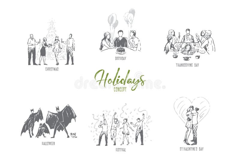 Holidays, christmas, birthday, thanksgiving, halloween, valentine day concept sketch vector illustration Holidays, christmas, birthday, thanksgiving, halloween, valentine day concept sketch vector illustration