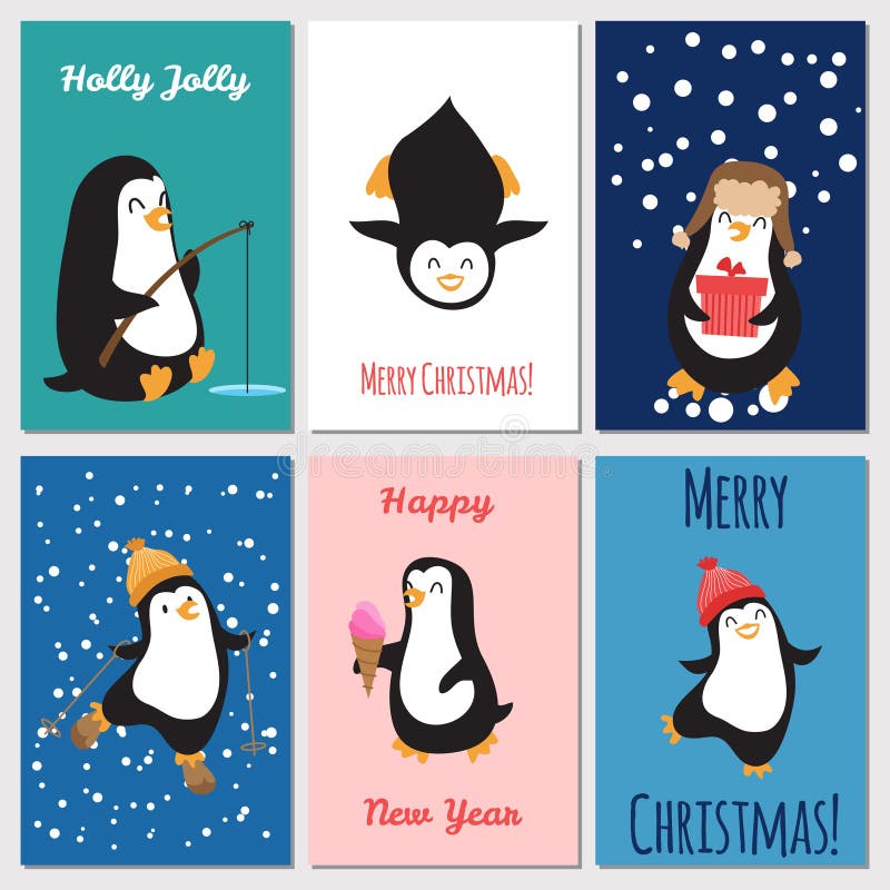 Holidays greetings cards vector. Cute penguins Christmas cards vector illustration Holidays greetings cards vector. Cute penguins Christmas cards vector illustration