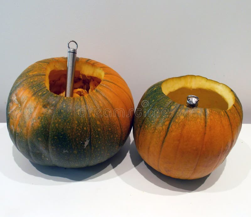 Scooping Out Pumpkins Ready for Carving for Halloween Stock Photo