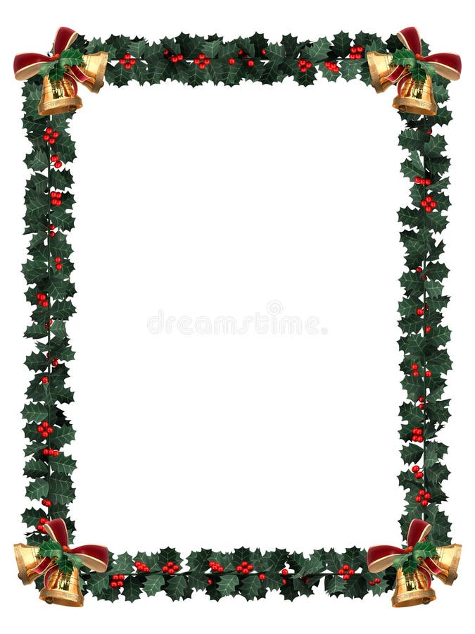 Holly garland border with gold bells on a white background with letter sized aspect ratio. Holly garland border with gold bells on a white background with letter sized aspect ratio
