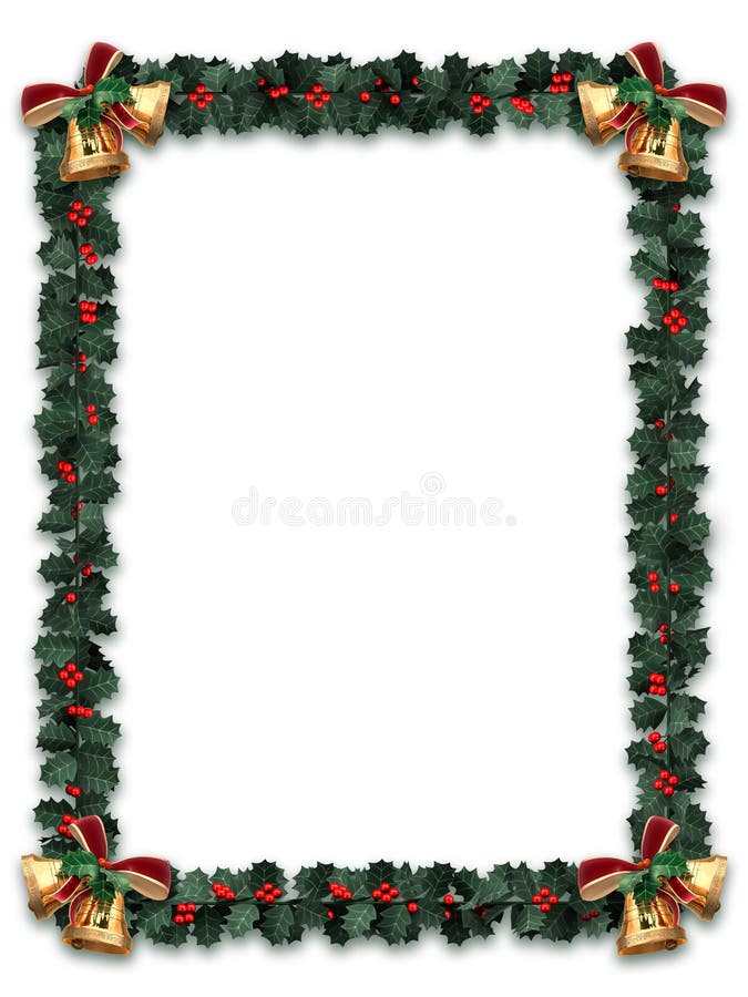 Holly garland border with gold bells on a white background with letter sized aspect ratio