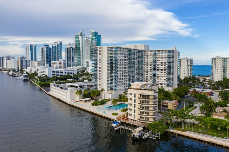 Hollywood Beach Florida condominium apartment buildings by Intracoastal Waterway aerial drone shot