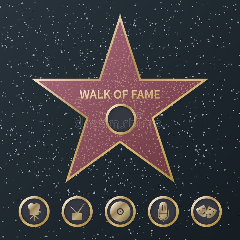 Hollywood ber? mmelsestj? rna Konst och guld- stjärnasymbol för berömd skådespelare med fem symboler för utmärkelsefilmkategorier K vektor illustrationer