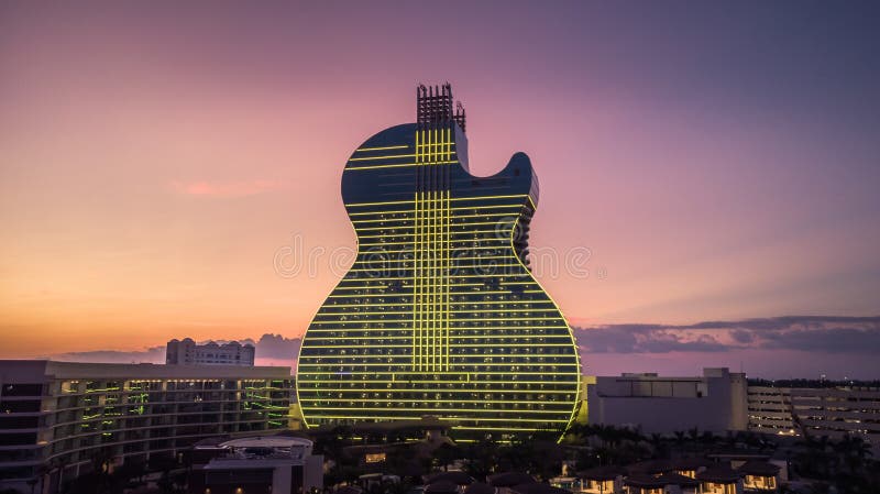 Aerial view on New Hard Rock Casino Hotel, iconic Guitar Hotel with more than 800 luxury guest rooms. Drone View. The Guitar Hotel royalty free stock images