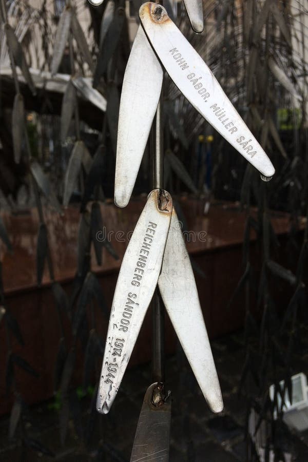 BUDAPEST, HUNGARY - MAY 21, 2015: Silver medals with the names of the victims of Holocaust. Emanuel Tree Holocaust Memorial also known as the Tree of Life in the garden of Dohany Street Synagogue. BUDAPEST, HUNGARY - MAY 21, 2015: Silver medals with the names of the victims of Holocaust. Emanuel Tree Holocaust Memorial also known as the Tree of Life in the garden of Dohany Street Synagogue
