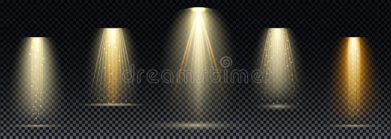 Holofote dourado. iluminação brilhante com luzes salientes do palco sobre fundo transparente.