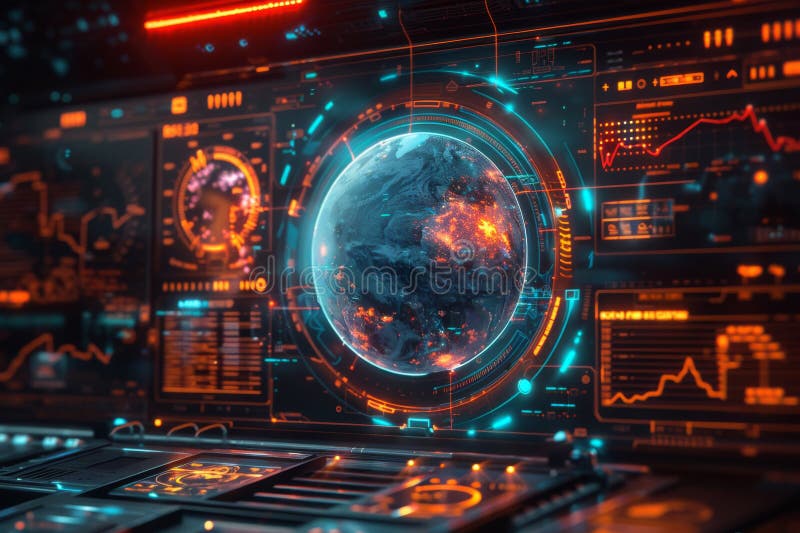 Holografisk visning som visar jorddetaljer på framtida vetenskapliga element på instrumentpaneler stock illustrationer