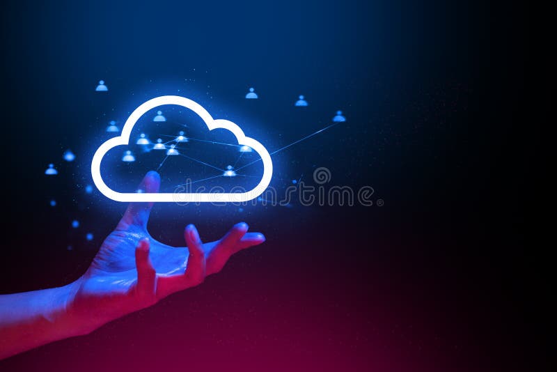 Global network technology digital data ai hologram with particle light and two hands of human with blue and red color glow in scifi futuristic cloud storage icon concept. Global network technology digital data ai hologram with particle light and two hands of human with blue and red color glow in scifi futuristic cloud storage icon concept