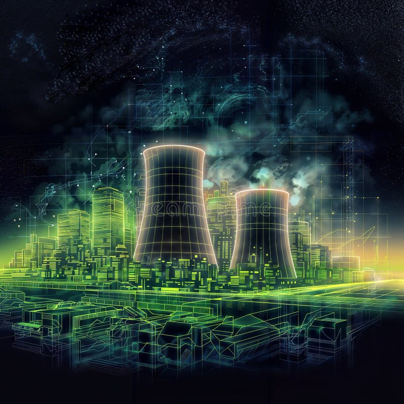 Abstract digital city background with hologram elements. 3D Rendering, generative ai royalty free illustration