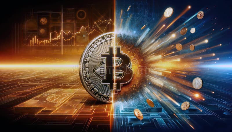 Hologram image of Bitcoin block reward reduce 50% after halving, bitcoin mining concept, node, blockchain technology, digital royalty free illustration