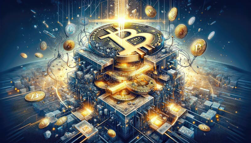 Hologram image of Bitcoin block reward reduce 50% after halving, bitcoin mining concept, node, blockchain technology, digital vector illustration