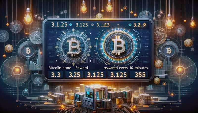 Hologram image of Bitcoin block reward reduce 50% after halving, bitcoin mining concept, node, blockchain technology, digital royalty free illustration