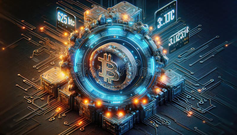 Hologram image of Bitcoin block reward reduce 50% after halving, bitcoin mining concept, node, blockchain technology, digital stock illustration