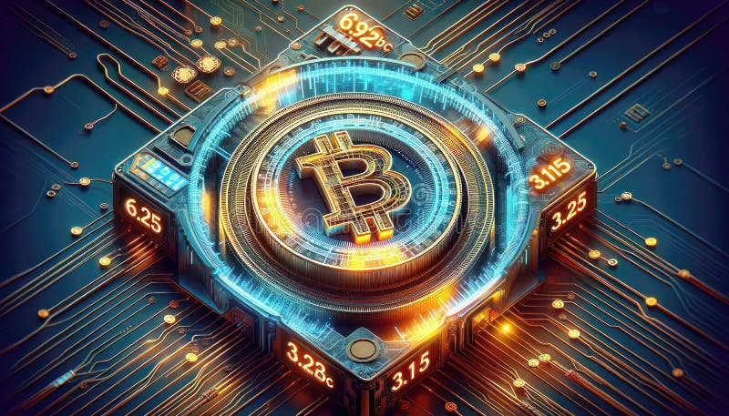 Hologram image of Bitcoin block reward reduce 50% after halving, bitcoin mining concept, node, blockchain technology, digital vector illustration