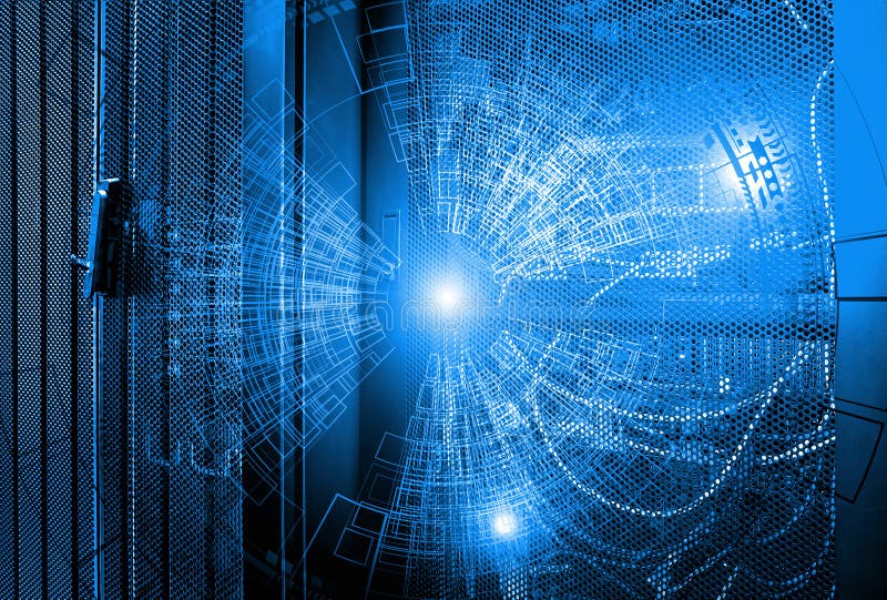 Hologram information technology background with contacts circuit Board on the background of the server room and the patch cord con royalty free stock images