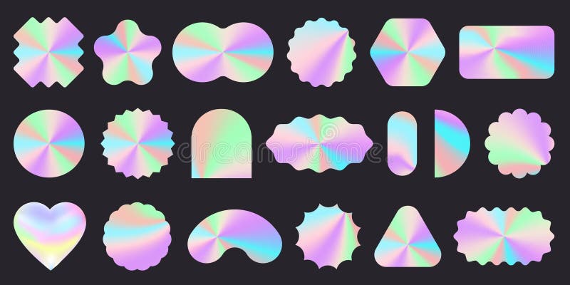 Hologram stickers. Realistic silver badge iridescent foil holographic mockups different shapes, rainbow chrome hologram royalty free illustration