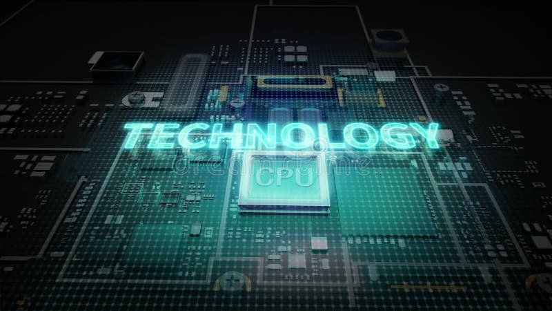 Hologram typo  TECHNOLOGY  on CPU chip circuit, grow artificial intelligence technology.