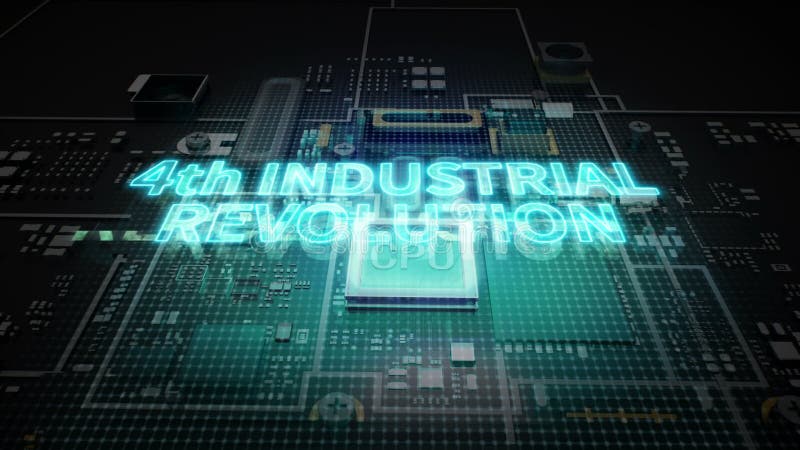 Hologram typo '4th Industrial Revolution' on CPU chip circuit, grow artificial intelligence technology. stock illustration