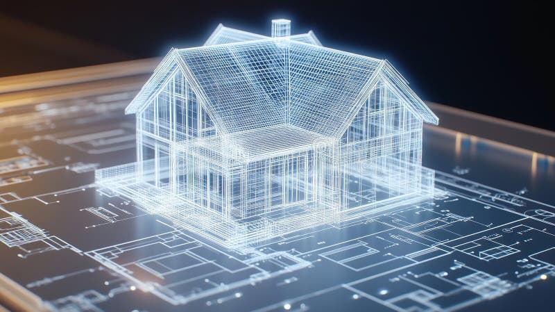 Hologram över ett husprojekt som dyker upp över arkitektoniska planer vektor illustrationer