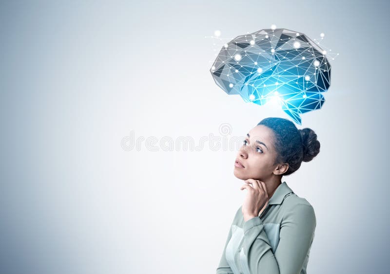 Holograma afro-americano pensativo da mulher e do cérebro