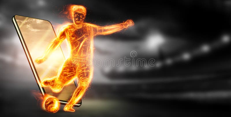 Um holograma de um jogador de futebol correndo para fora de um notebook,  tela de laptop. o conceito de apostas esportivas, futebol, jogos de azar,  transmissão online de futebol.