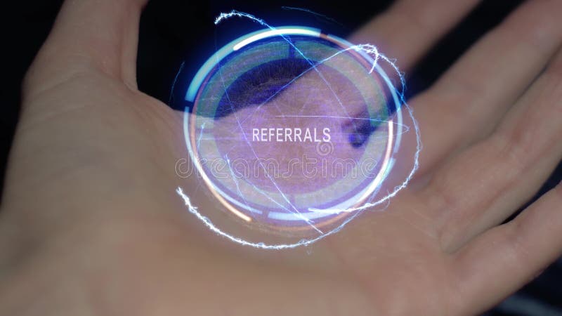 Holograma do texto das referências em uma mão fêmea