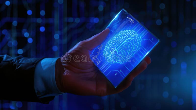 The holographic brain display. AI generated. A hand holding a holographic display with a brain illustration in a digital blue environment. AI generated image.