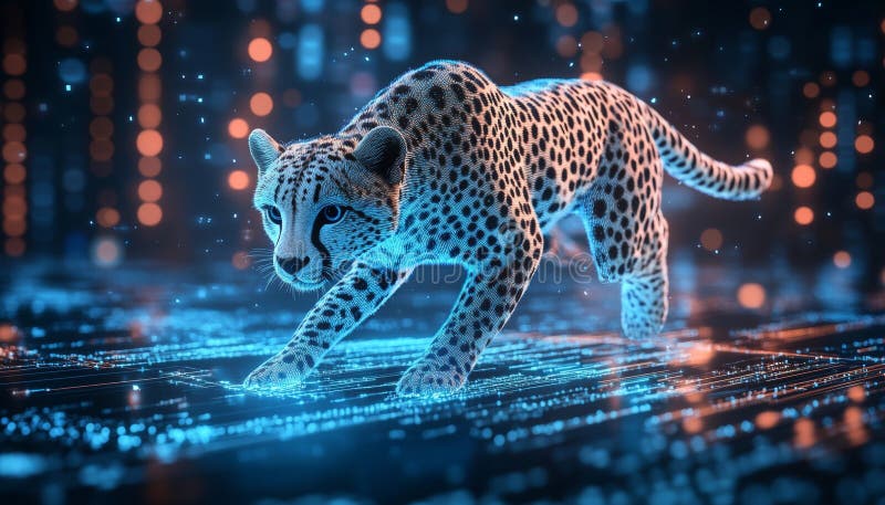 Holographic Cheetah in Digital Space - Abstract Rendering of Modern AI Blockchain, and Technology stock illustration