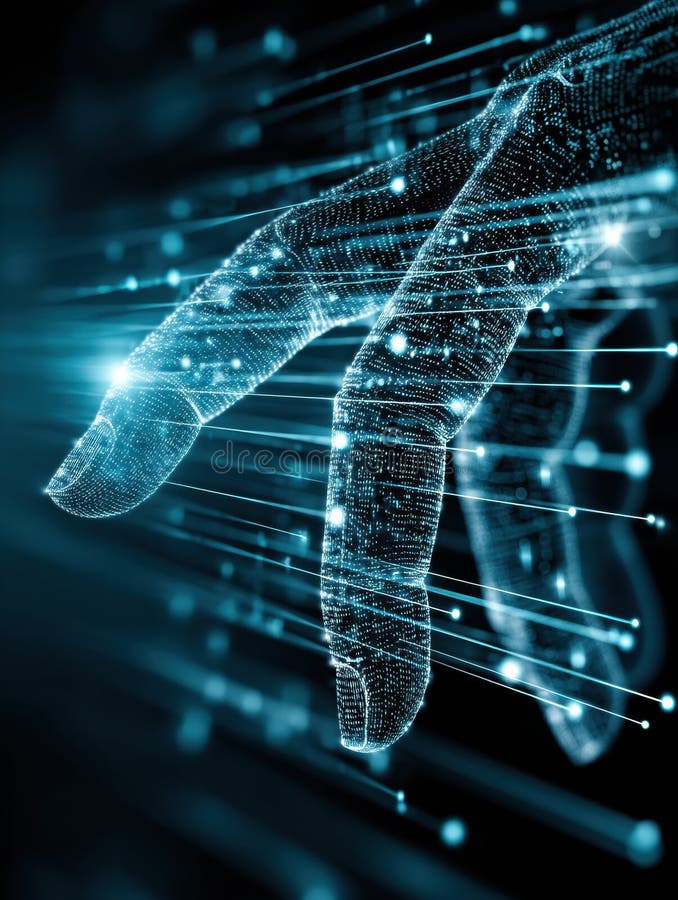Holographic Code Floating Above Hand in a Futuristic Cyberspace Environment Interacting With Digital Data. A hand reaches out in a cyberspace setting, interacting with floating holographic code, signifying advanced technology and digital communication. AI generated