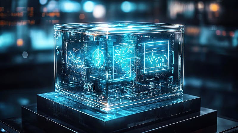 Holographic data cube displaying analytics in dark tech room stock illustration