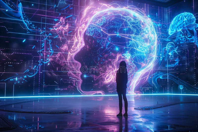 Holographic display showing Digital wireframe of human head connected with data particles and neural pathways vector illustration