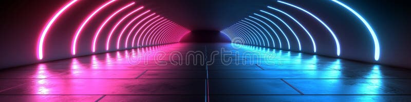 A holographic effect featuring circular digital portals illuminated by blue neon light. Futuristic podiums and teleport royalty free illustration