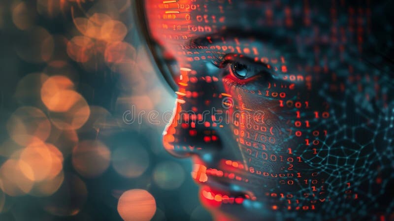 A holographic face formed by layers of digital encryption highlighting the importance of secure and protected online royalty free stock photography