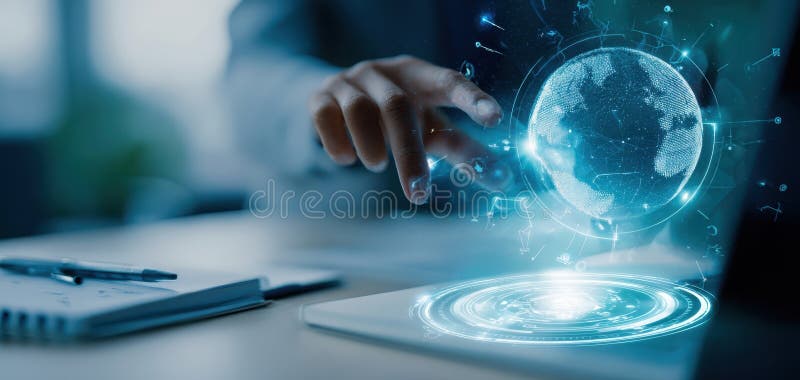 The holographic globe showcasing digital interaction in a modern workspace. image royalty free stock photography.