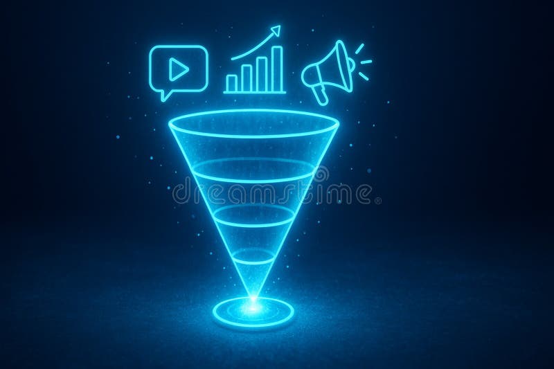Holographic illuminated digital marketing funnel process. Generative AI. royalty free stock images