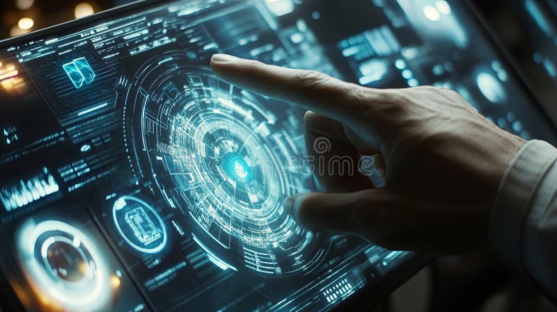 Holographic interface in a futuristic workspace pic stock image