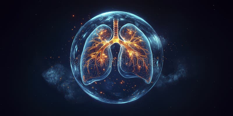 Holographic lungs in a glass sphere on a blue background. The medical concept of health protection royalty free stock photo