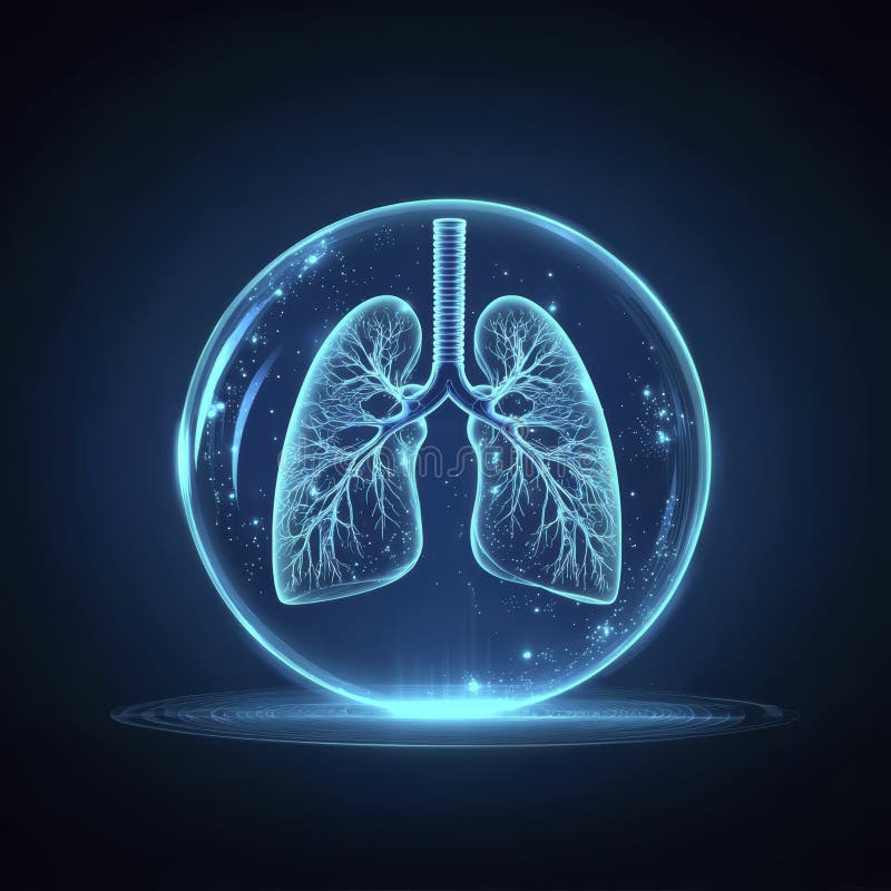 Holographic lungs in a glass sphere on a blue background. The medical concept of health protection stock image