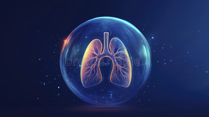 Holographic lungs in a glass sphere on a blue background. The medical concept of health protection stock photography